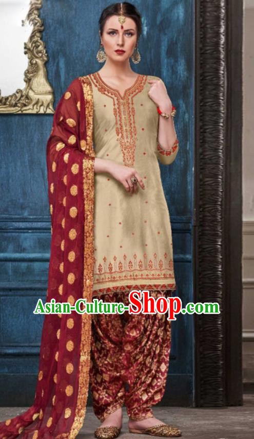 Traditional Indian Punjab Apricot Satin Blouse and Wine Red Pants Asian India National Costumes for Women