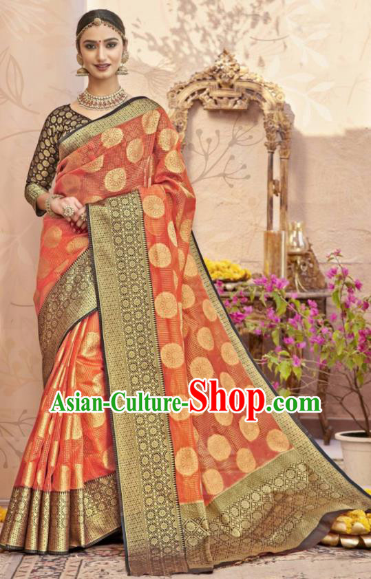 Traditional Indian Orange Sari Dress Asian India National Bollywood Costumes for Women