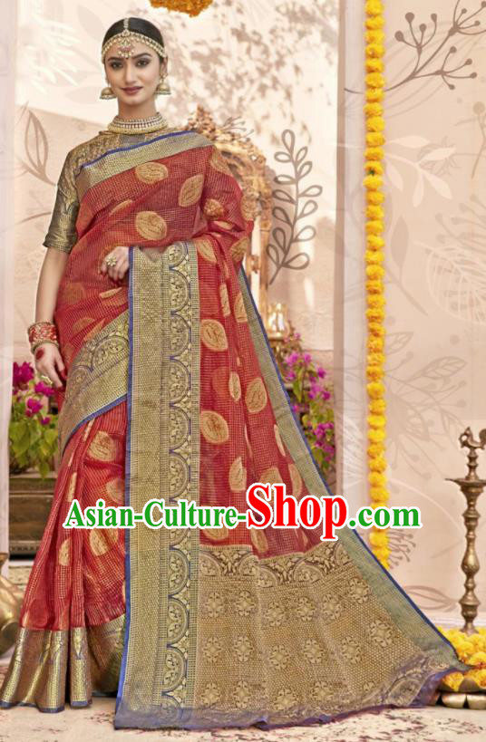 Traditional Indian Wine Red Sari Dress Asian India National Bollywood Costumes for Women