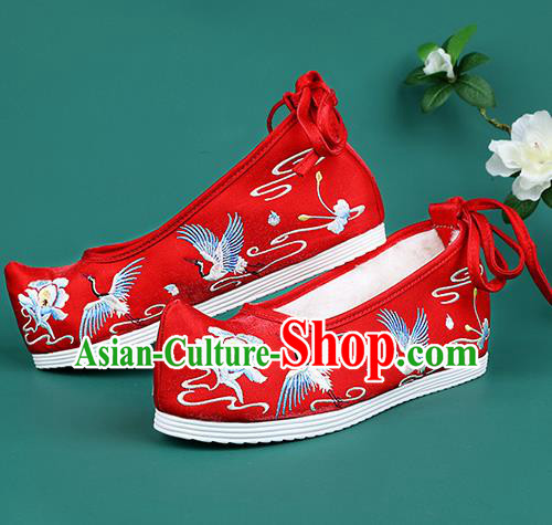 Chinese National Winter Embroidered Crane Red Brushed Shoes Traditional Hanfu Shoes Princess Shoes Opera Shoes for Women