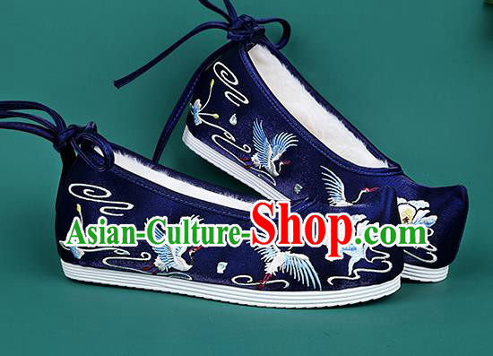 Chinese National Winter Embroidered Crane Royalblue Brushed Shoes Traditional Hanfu Shoes Princess Shoes Opera Shoes for Women