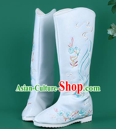 Chinese Traditional Embroidered Blue High Boots Hanfu Shoes Embroidered Boots for Women