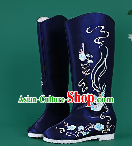 Chinese Traditional Embroidered Royalblue High Boots Hanfu Shoes Embroidered Boots for Women