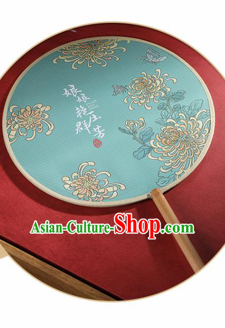 Chinese Traditional Printing Chrysanthemum Green Round Fans Hanfu Silk Palace Fan for Women