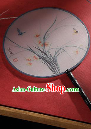 Chinese Traditional Printing Orchid Round Fans Hanfu Silk Palace Fan for Women