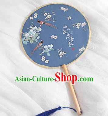 Chinese Traditional Printing Plum Blossom Blue Round Fans Hanfu Silk Palace Fan for Women