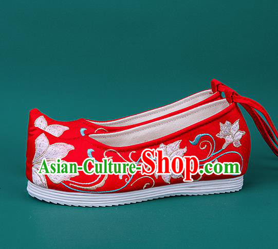Chinese National Winter Brushed Red Embroidered Shoes Traditional Hanfu Shoes Princess Shoes Opera Shoes for Women