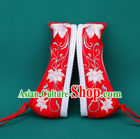 Chinese National Winter Brushed Red Embroidered Shoes Traditional Hanfu Shoes Princess Shoes Opera Shoes for Women