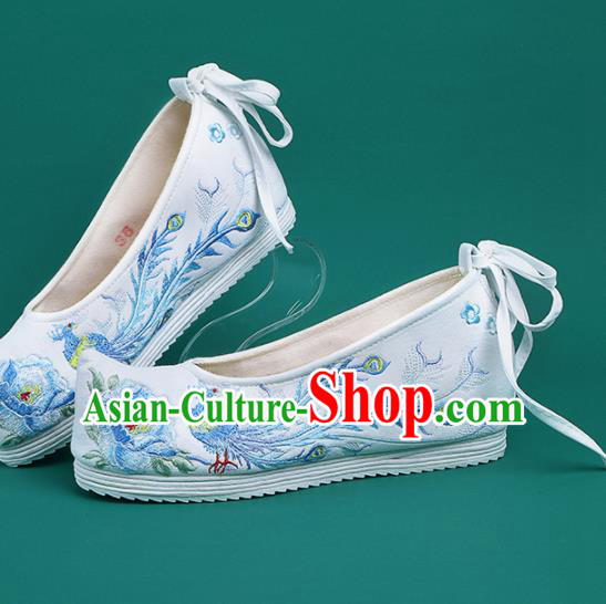 Chinese Traditional Embroidered Phoenix Peony White Shoes Hanfu Shoes Princess Shoes for Women