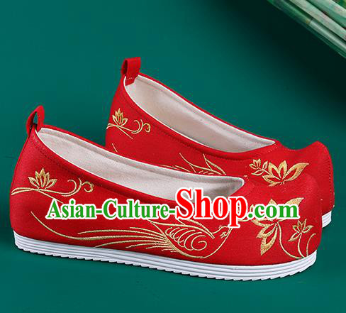 Chinese Traditional Embroidered Bird Lotus Red Shoes Hanfu Shoes Princess Shoes for Women