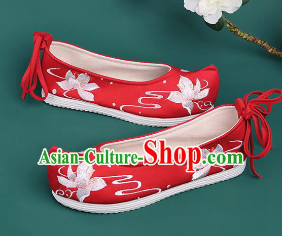 Chinese Traditional Embroidered Lotus Red Shoes Hanfu Shoes Princess Shoes for Women