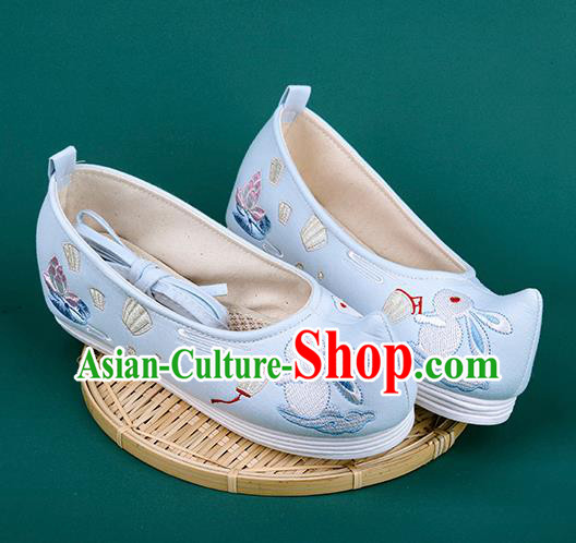 Chinese Traditional Embroidered Lantern Rabbit Blue Shoes Hanfu Shoes Princess Shoes for Women