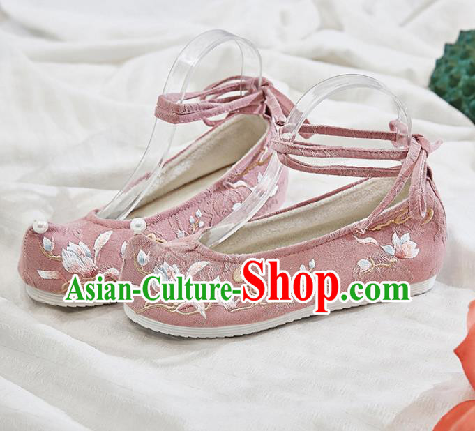 Traditional Chinese National Winter Shoes Embroidered Magnolia Pink Shoes Hanfu Shoes for Women