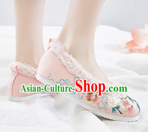 Traditional Chinese Winter National Pink Shoes Embroidered Flowers Shoes Hanfu Shoes for Women