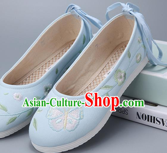 Traditional Chinese National Embroidery Butterfly Blue Shoes Embroidered Shoes Hanfu Shoes for Women