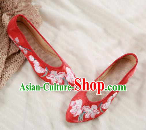 Traditional Chinese National Embroidery Peach Flowers Red Shoes Embroidered Shoes Hanfu Shoes for Women