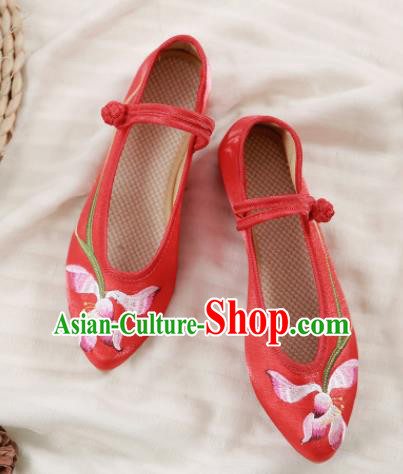 Traditional Chinese National Embroidery Lotus Red Shoes Embroidered Shoes Hanfu Shoes for Women