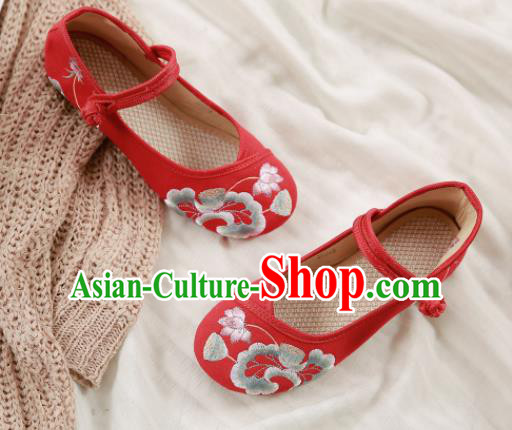 Traditional Chinese Embroidery Lotus Red Shoes National Embroidered Shoes Hanfu Shoes for Women