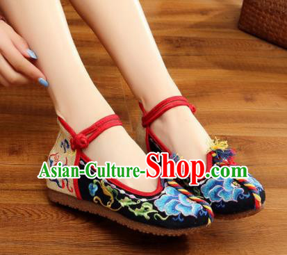 Traditional Chinese Old Beijing Embroidery Peony Black Shoes National Embroidered Shoes Hanfu Shoes for Women