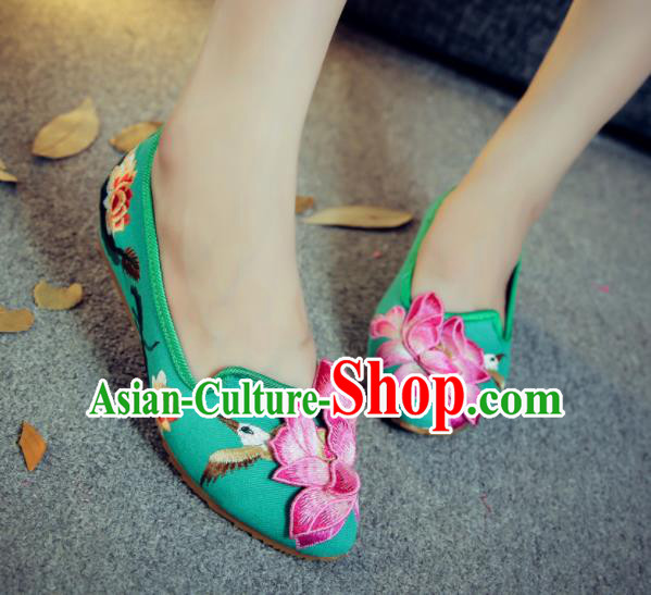 Traditional Chinese Embroidery Lotus Green Shoes Embroidered Shoes Cloth Shoes for Women