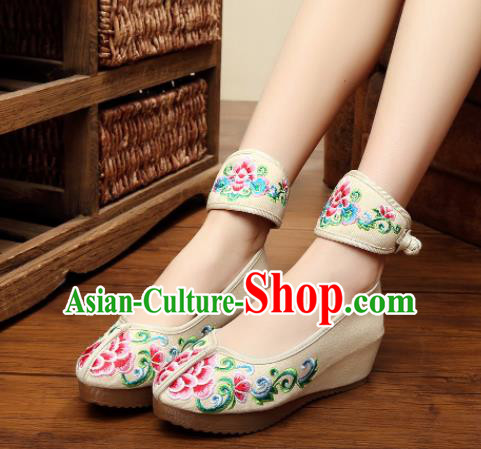 Traditional Chinese Old Beijing Bride Embroidery Peony Beige Shoes National Embroidered Shoes Hanfu Shoes for Women