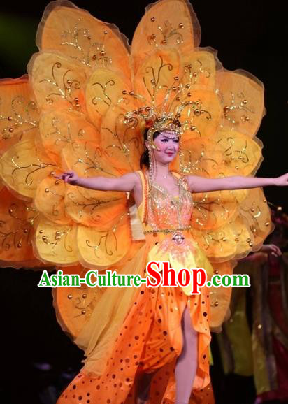 Chinese Impression of Suzhou Classical Flower Dance Orange Dress Stage Performance Costume and Headpiece for Women