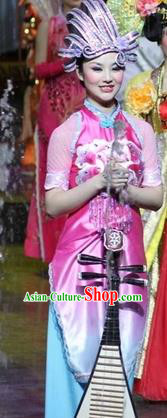 Chinese Impression of Suzhou Classical Dance Rosy Dress Stage Performance Costume and Headpiece for Women