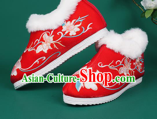 Chinese Traditional Winter Embroidered Red Ankle Boots Hanfu Shoes Cloth Boots for Women