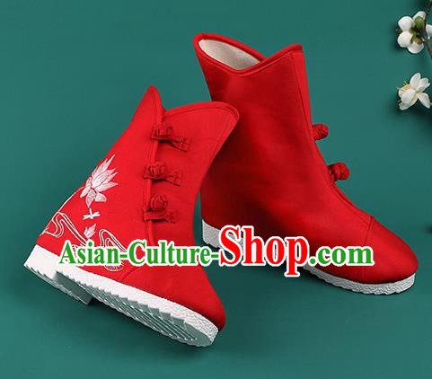 Chinese Traditional Winter Embroidered Lotus Red Boots Hanfu Shoes Cloth Boots for Women