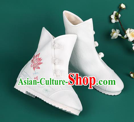 Chinese Traditional Winter Embroidered Lotus White Boots Hanfu Shoes Cloth Boots for Women