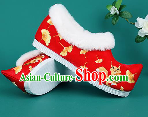 Chinese Traditional Winter Embroidered Ginkgo Squirrel Red Shoes Hanfu Shoes Princess Shoes for Women