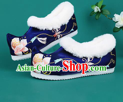 Chinese Traditional Embroidered Flowers Winter Royalblue Boots Hanfu Shoes Cloth Boots for Women