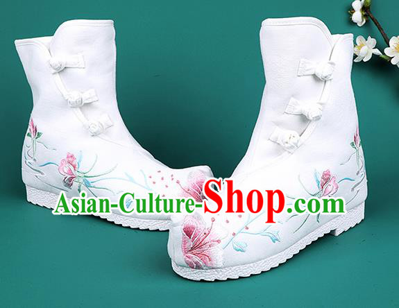 Chinese Traditional Embroidered Boots Hanfu Shoes White Cloth Boots for Women