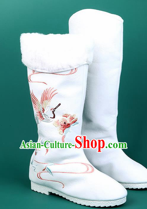 Chinese Traditional Embroidered Crane White High Boots Hanfu Shoes Cloth Boots for Women