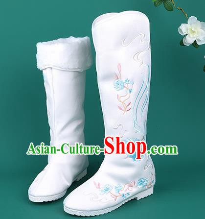 Handmade Chinese Cloth Boots Traditional Embroidered Phoenix White Boots Hanfu Shoes for Women
