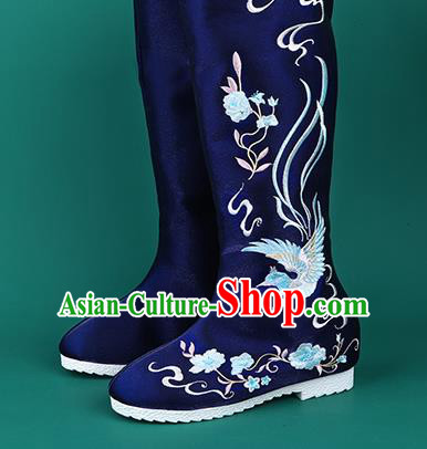 Handmade Chinese Cloth Boots Traditional Embroidered Phoenix Royalblue Boots Hanfu Shoes for Women