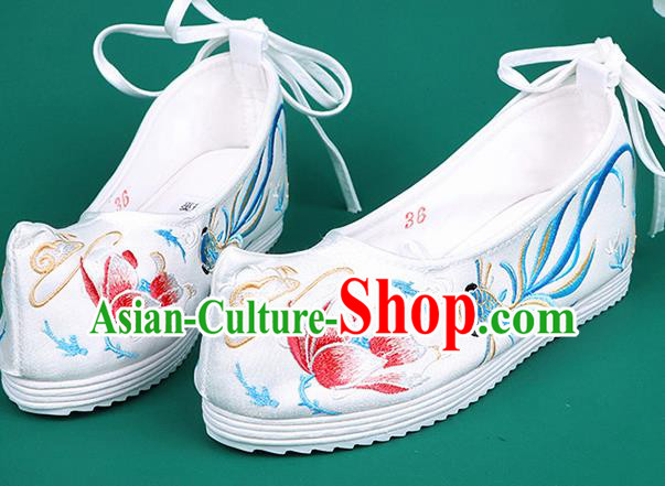 Chinese Traditional Embroidered Goldfish Lotus White Shoes Hanfu Shoes Princess Shoes for Women