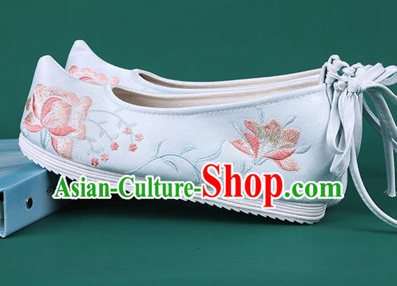 Chinese Traditional Wedding Embroidered Peony Blue Shoes Hanfu Shoes Princess Shoes for Women