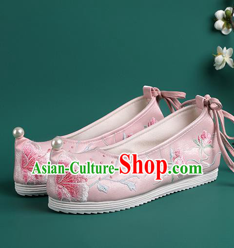 Chinese Pearl Shoes Traditional Wedding Pink Embroidered Shoes Hanfu Shoes Princess Shoes for Women