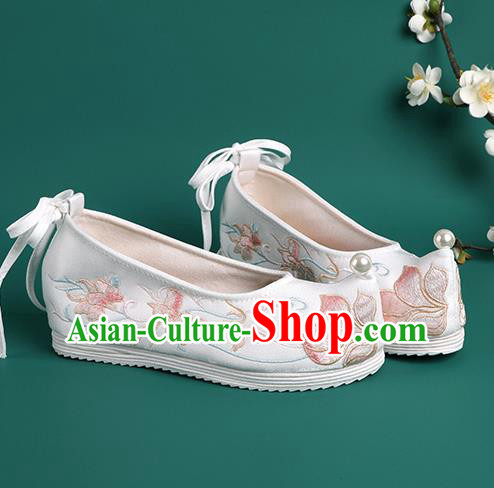 Chinese Pearl Shoes Traditional Wedding White Embroidered Shoes Hanfu Shoes Princess Shoes for Women