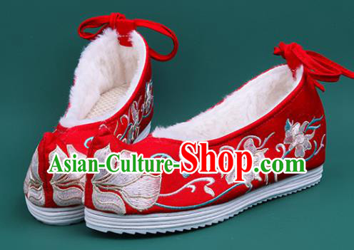 Chinese Winter Embroidered Red Shoes Traditional Hanfu Shoes Princess Shoes for Women