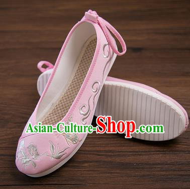Traditional Chinese Handmade Hanfu Shoes Embroidered Butterfly Orchid Pink Shoes Cloth Shoes for Women