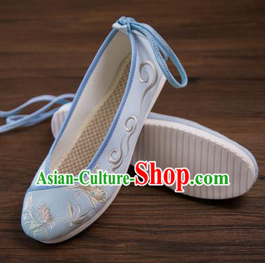 Traditional Chinese Handmade Hanfu Shoes Embroidered Butterfly Orchid Blue Shoes Cloth Shoes for Women