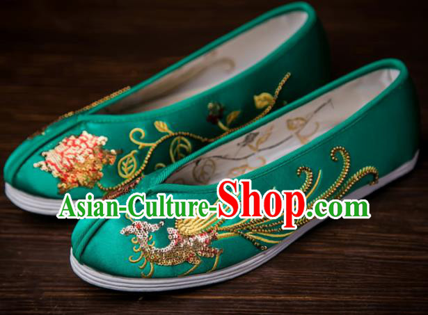 Traditional Chinese Handmade Wedding Green Satin Shoes Hanfu Shoes Embroidered Shoes for Women