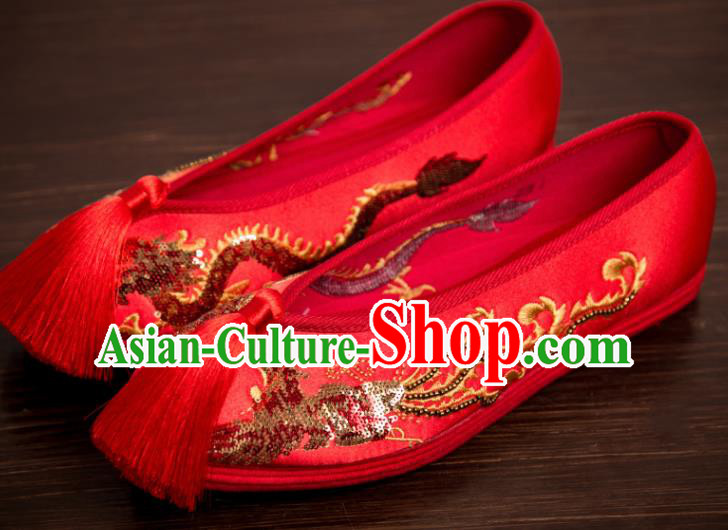 Traditional Chinese Handmade Wedding Shoes Hanfu Red Tassel Shoes Bride Shoes for Women