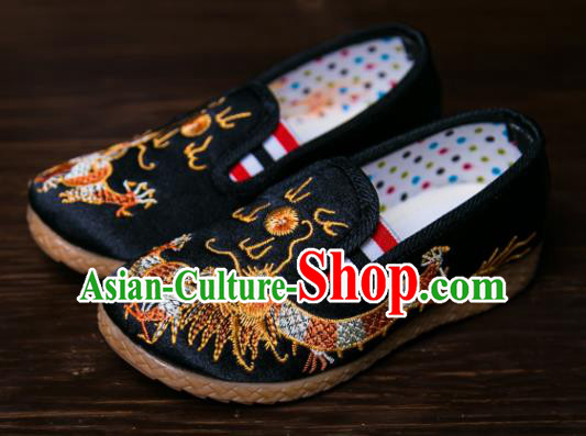 Handmade Chinese Traditional New Year Embroidered Dragon Black Shoes National Shoes Hanfu Shoes for Kids