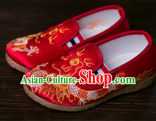 Handmade Chinese Traditional New Year Embroidered Dragon Red Shoes National Shoes Hanfu Shoes for Kids