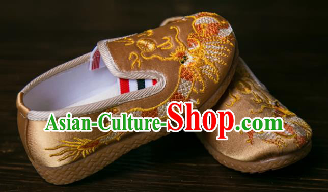 Handmade Chinese Traditional New Year Embroidered Dragon Golden Shoes National Shoes Hanfu Shoes for Kids