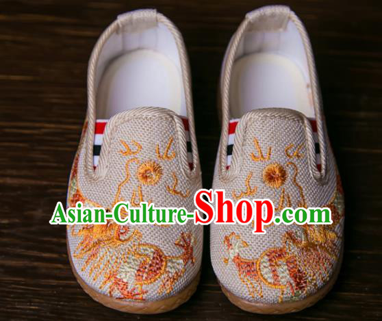 Handmade Chinese Traditional Beige Canvas Embroidered Dragon Shoes New Year National Shoes Hanfu Shoes for Kids