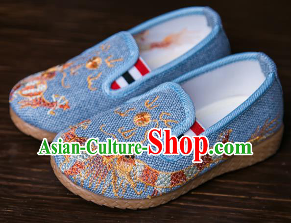 Handmade Chinese Traditional Blue Canvas Embroidered Dragon Shoes New Year National Shoes Hanfu Shoes for Kids